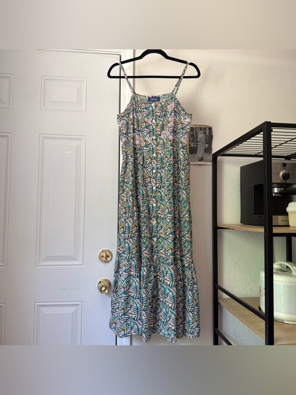 DAVID pink green tropical leaf beaded cotton shell button up midi‎ sundress